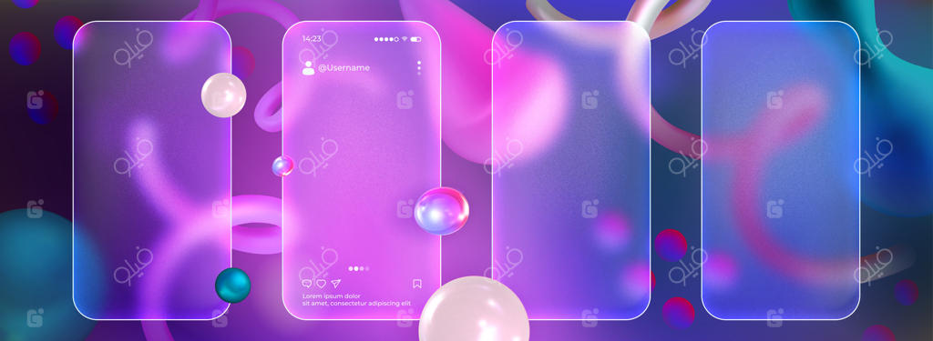موکاپ صفحه نمایش مات گوشی با استایل گلس‌مورفیسم؛ مجموعه قاب‌های شیشه‌ای و تار واقع‌گرایانه موبایل با اشکال سه‌بعدی انتزاعی شناور در پس‌زمینه بنفش