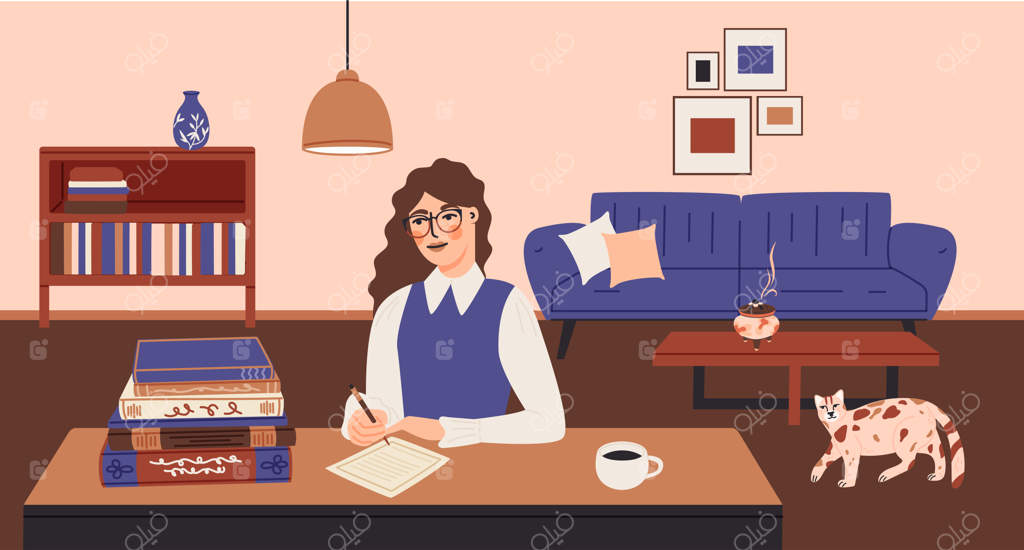 دختری جوان در حال نوشتن روی میز در خانه