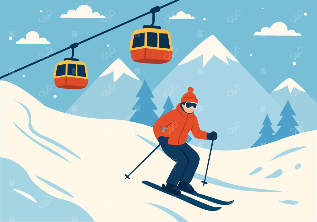 کوه‌های پوشیده از برف با اسکی‌بازان فعال و تله‌کابین در حال حرکت