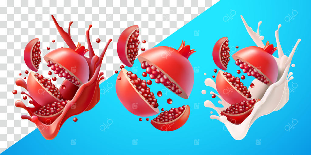 برش‌های انار با قطرات پرانرژی آب‌میوه و شیر تازه: مناسب برای دکوراسیون، عناصر طراحی، خوراکی‌ها و نوشیدنی‌ها