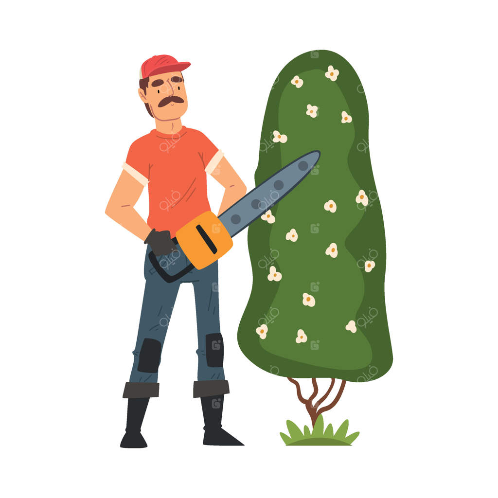 باغبان در حال بریدن بوته با اره - تصویر کشاورز در باغ یا مزرعه