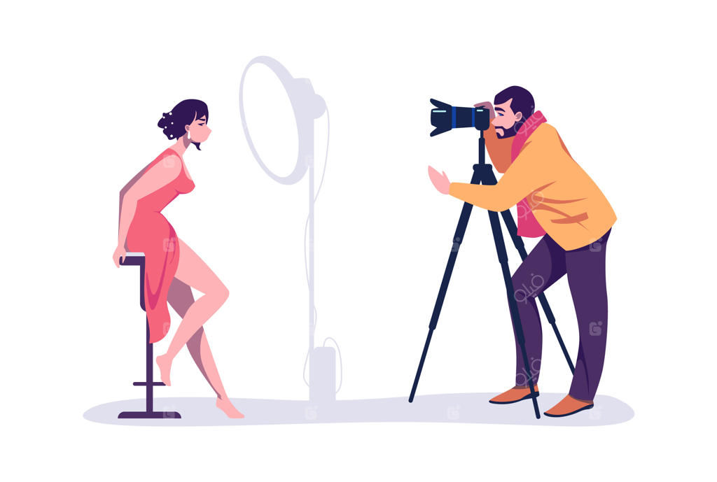 عکاسان حرفه‌ای در آتلیه؛ مرد عکاس در حال عکس‌برداری از مدل زن با تجهیزات نورپردازی و رفلکتور – وکتور مفهومی شغل با طراحی تخت