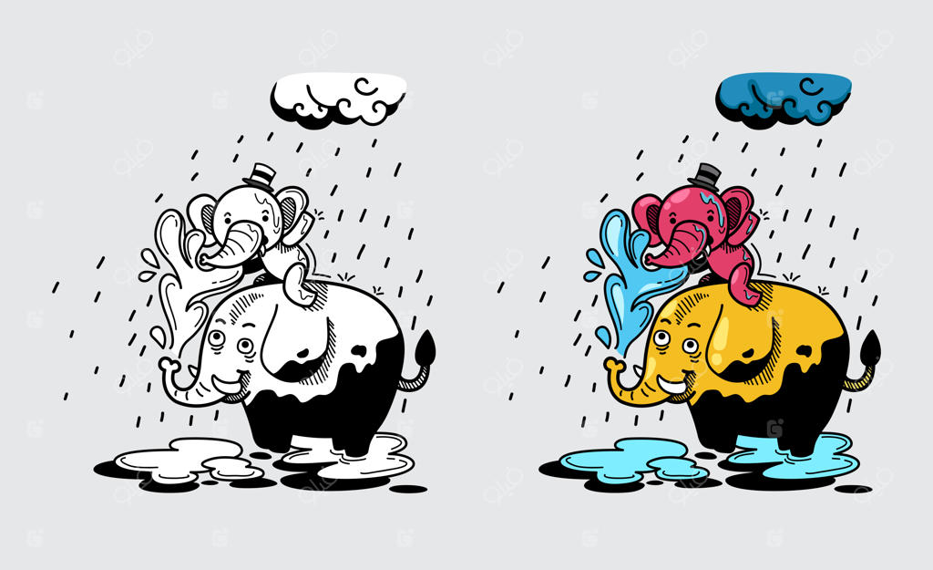 تصویرسازی فیل رنگی و سیاه و سفید برای کتاب رنگ‌آمیزی