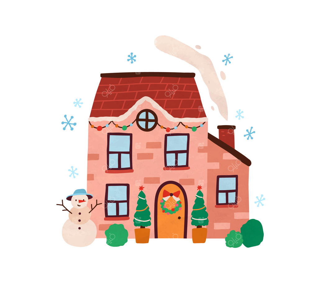 نمای بیرونی خانه در زمان کریسمس، خانه‌ای دنج در زمستان با آدم‌برفی، چراغ‌های کریسمس، درخت‌های کاج، حلقه گل و دودکش. برداشتی هنری و ساده در زمینه‌ای سفید