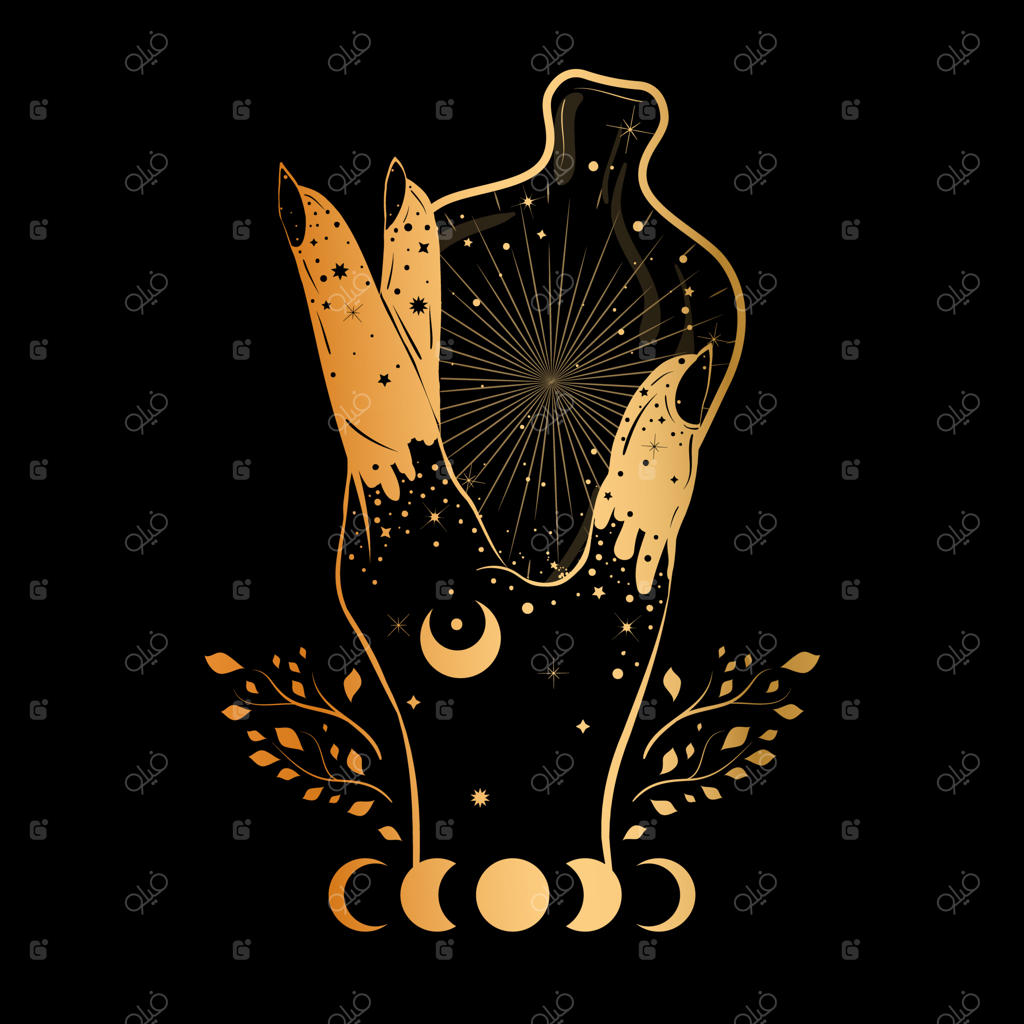 دست جادوگر با بطری معجون سحرآمیز - مفهومی از کیمیاگری به سبک گوتیک، تصویرسازی