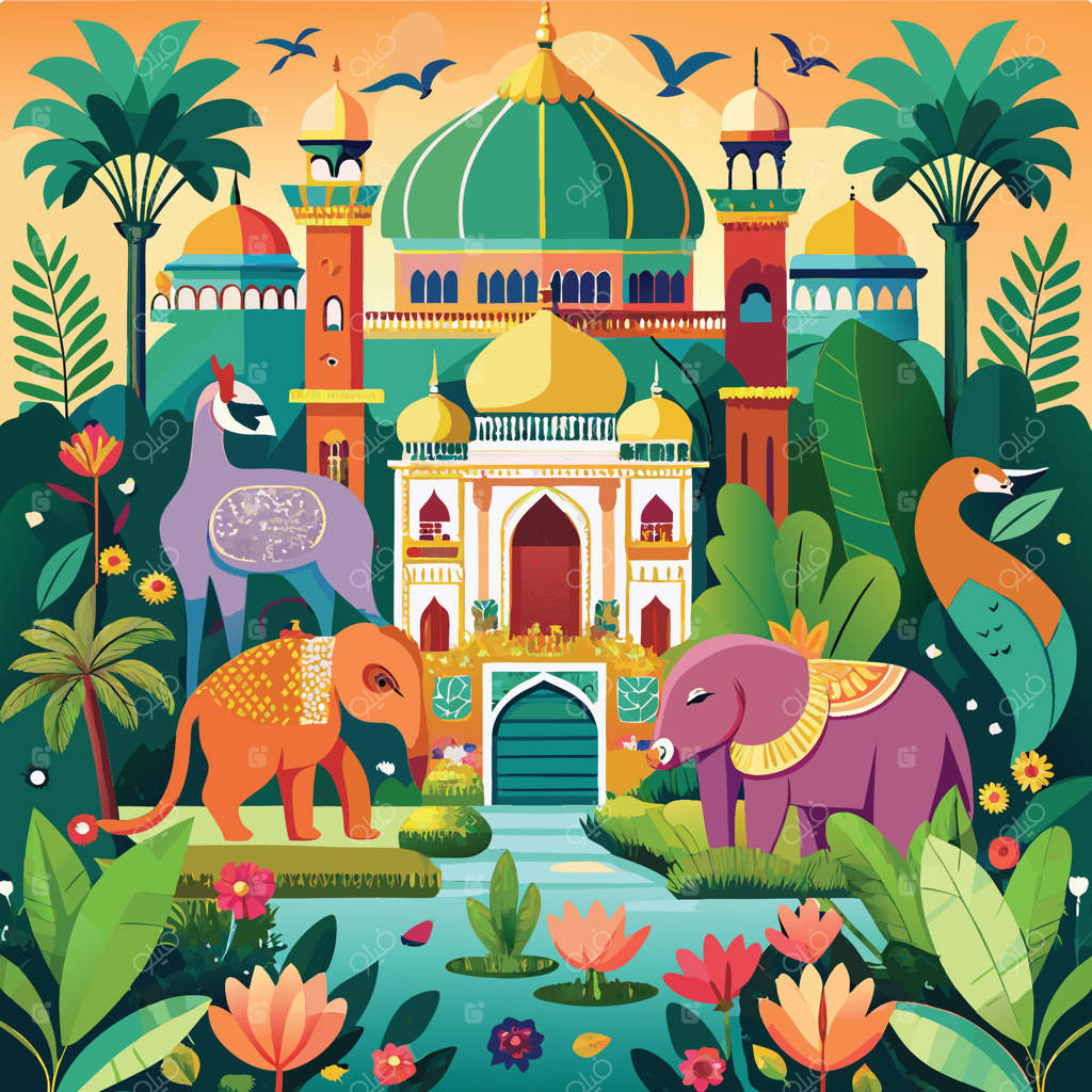 باغ سنتی مغول با حضور فیل‌ها، میمون‌ها و طوطی‌ها