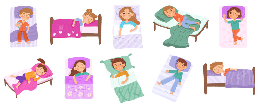 بچه‌های در حال خواب، زمان خواب نوزاد، شخصیت‌های کودکی که خواب نیمروزی دارند. زمان استراحت در مهدکودک، پسران و دختران در تخت‌ها خوابیده‌اند. مجموعه‌ای از تصاویر زمان خواب کودکان. خواب و رؤیاهای کودکان