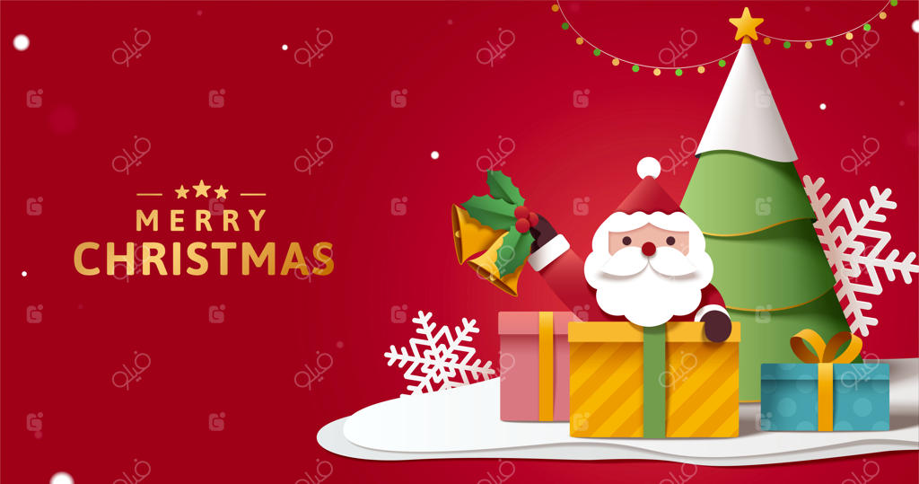 بنر کریسمس مبارک و سال نو میارک در هنر کاغذی سه‌بعدی: بابا نوئل بامزه در حال پنهان شدن پشت جعبه‌های هدیه و نواختن زنگوله