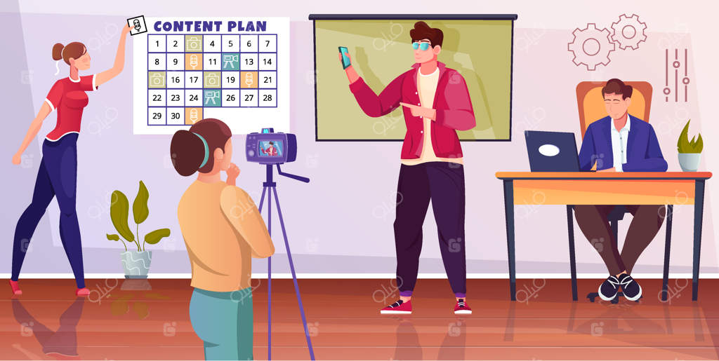 تیم بلاگر در فضای اداری مدرن با شخصیت‌های زن و مرد در حال تولید محتوای اینترنتی