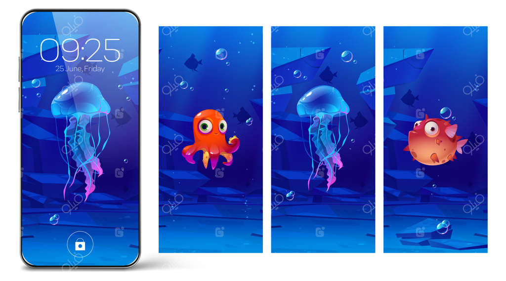 صفحه قفل گوشی هوشمند با حیوانات زیر آب؛ تصاویر کارتونی برای موبایل. پس‌زمینه دیجیتالی دستگاه با ماهی بادکنکی، عروس دریایی و اختاپوس بامزه؛ مجموعه‌ای از طراحی رابط کاربری