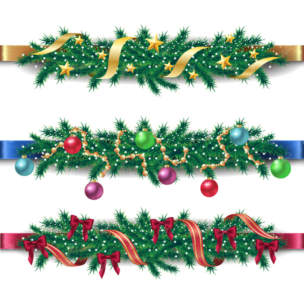 مجموعه حاشیه‌ های کریسمس با شاخه‌ های کاج، لوازم مختلف، روبان‌ ها، توپ‌ های براق و ستاره‌ ها. جدا شده.