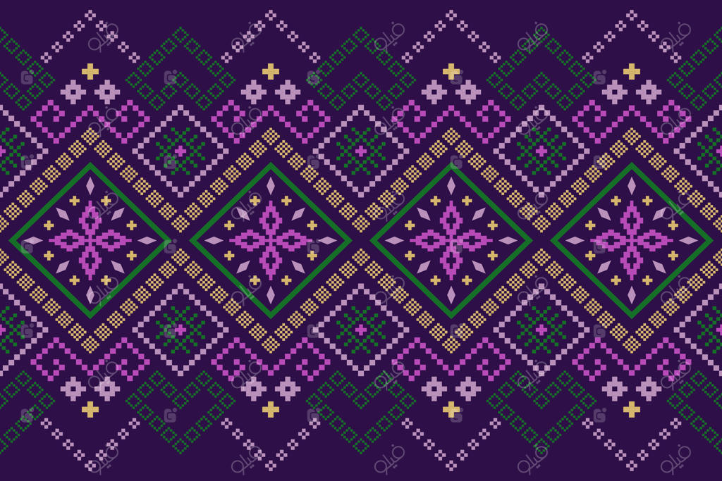 طرح سنتی دوخت صلیبی بنفش با پترن گل ترمه ایکات و پس زمینه‌ای از الگوهای انتزاعی آزتک، آفریقایی، اندونزیایی و هندی برای دوخت بی‌وقفه در پارچه، لباس، فرش، پرده و ساروک.