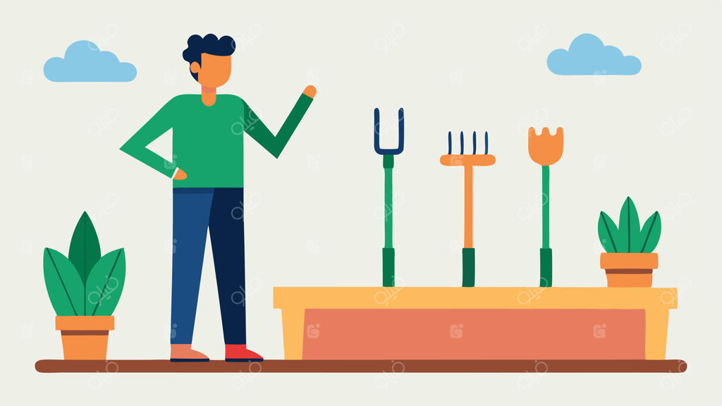 ابزارهای سازگار: مجموعه‌ای از ابزارهای باغبانی سازگار با دسته‌های ارگونومیک و گریب‌برده‌ای بلند که روی یک میز چوبی در کنار یک باغچه نمایش داده شده و باغبان در حال آماده‌سازی است.