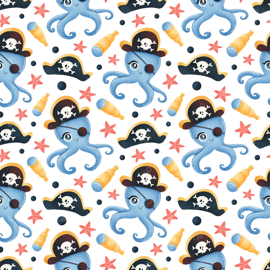 الگوی یکپارچه حیوانات دزدان دریایی کارتونی بامزه. الگوی هشت‌پای دزد دریایی