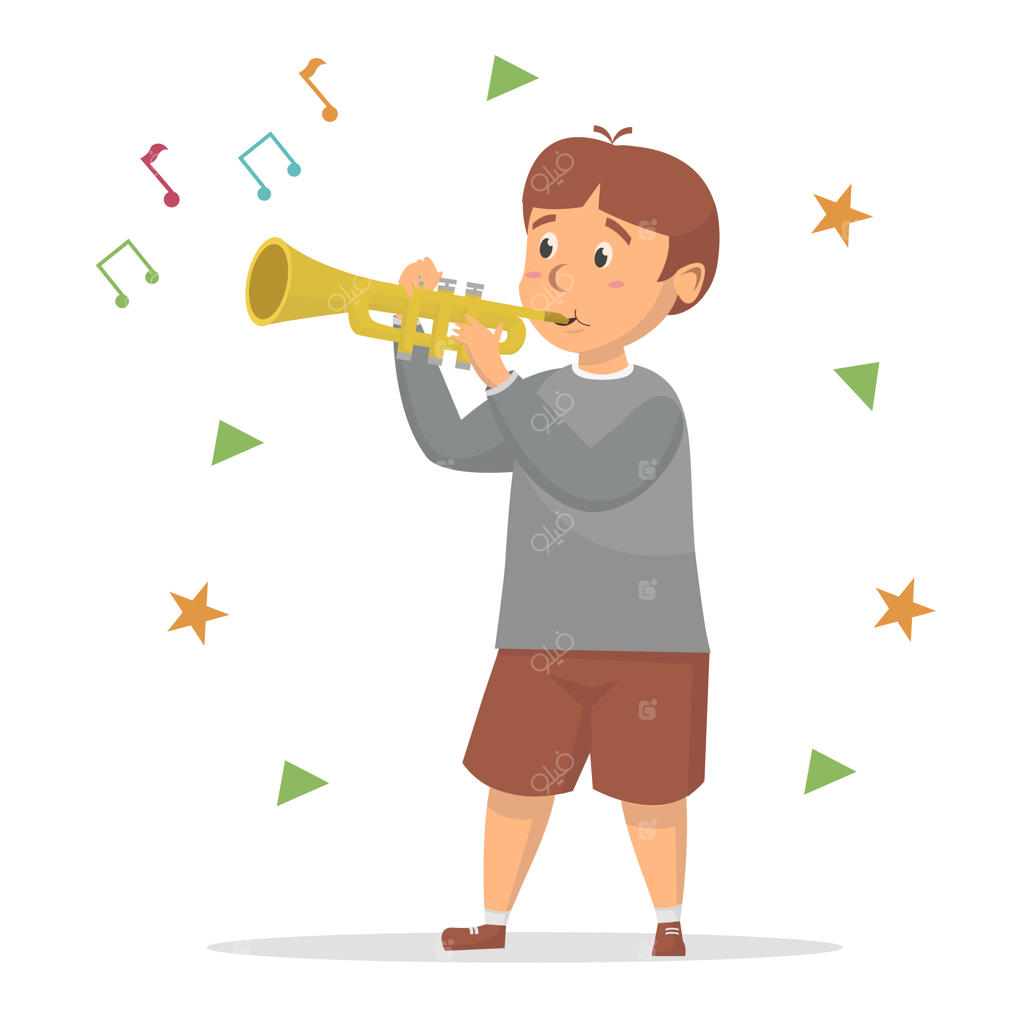 تصویر پسری کوچک و بامزه که ترومپت می‌نوازد