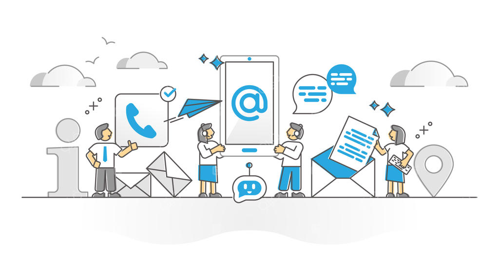 طرح مفهومی خطی و تک‌رنگ تماس با ما از طریق تلفن یا ایمیل؛ تصویر وکتور مرکز پشتیبانی و ارتباطات برای راهنمایی مشتریان و صحنه پاسخگویی اپراتور