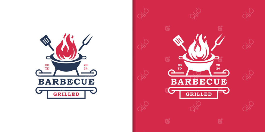 طراحی لوگوی رستوران باربیکیو به سبک وینتیج - عناصر گرافیکی چنگال و کفگیر مخصوص کباب برای قالب لوگوی باربیکیو، گریل و بار