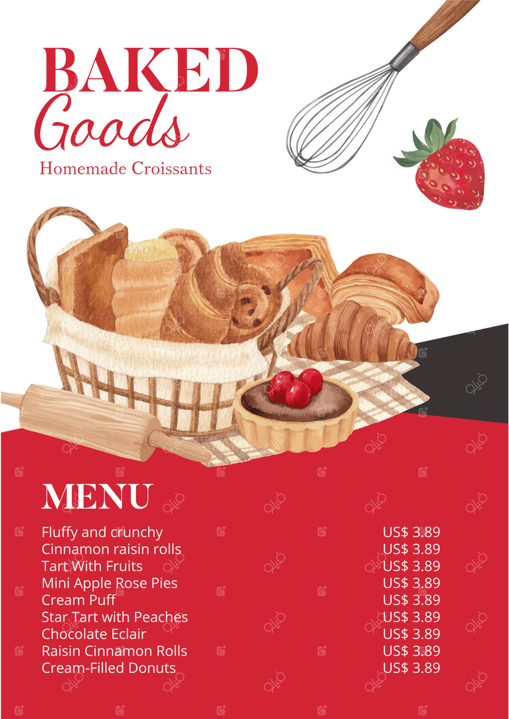 قالب منو با مفهوم روز شیرینی‌پزی به سبک آبرنگی