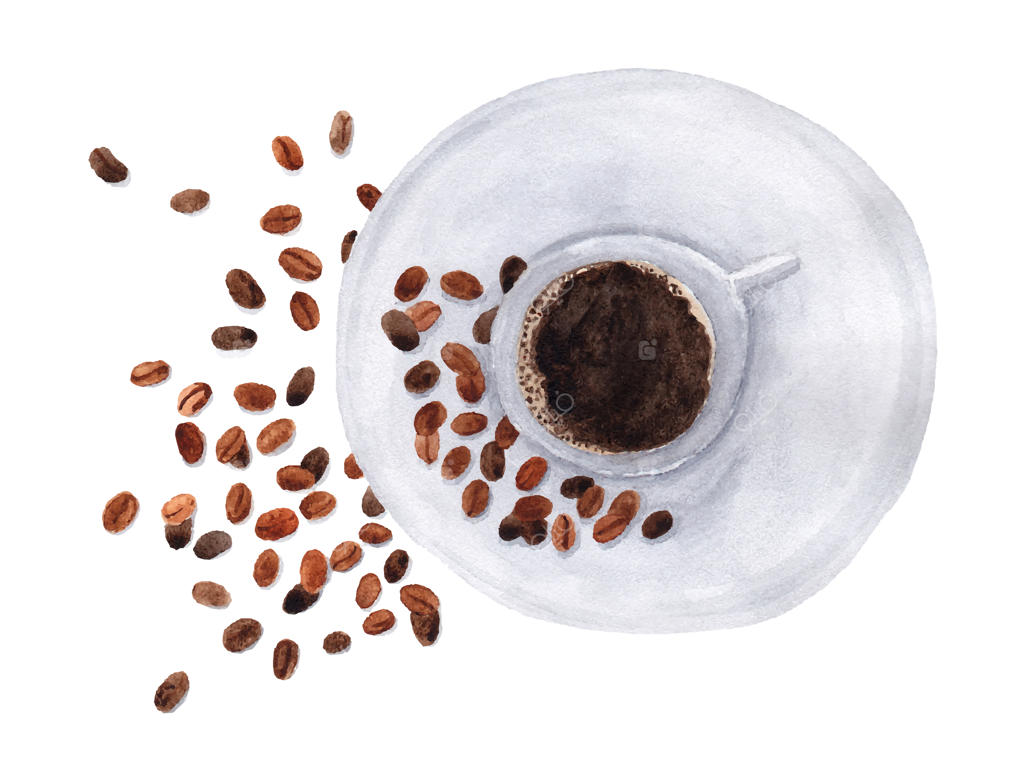 فنجان قهوه روی نعلبکی با دانه‌های پراکنده آبرنگی