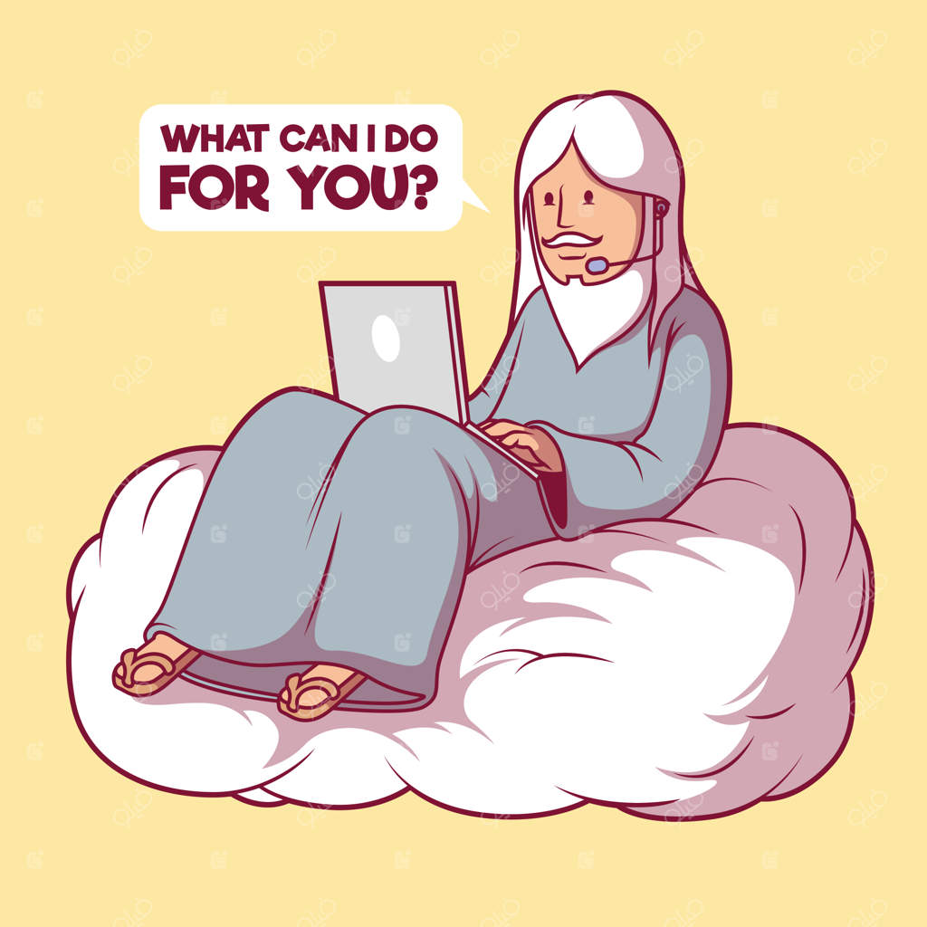 تصویرسازی شخصیت خدا در حال کار در بازاریابی تلفنی.