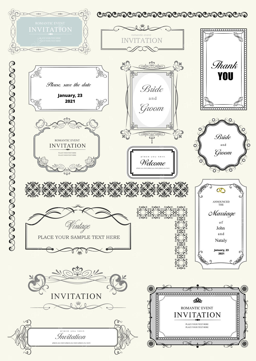 مجموعه قاب و حاشیه‌های تزئینی وکتور با متن نمونه، مناسب برای دعوت‌نامه و اطلاعیه؛ دارای اجزای مجزا با قابلیت ویرایش و تغییر رنگ آسان