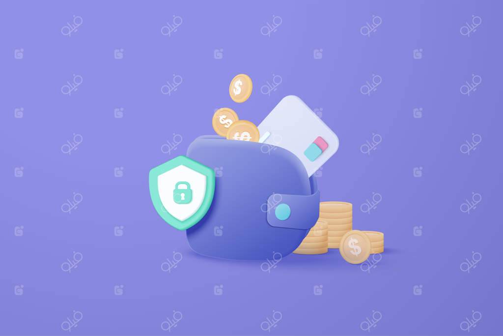 کیف پول نگهدارنده‌ی پول به صورت سه‌بعدی با امنیت مالی و سکه‌ی دلار روی پس‌زمینه‌ی ایزوله، مفهوم پرداخت آنلاین و صرفه‌جویی در پول. رندر سه‌بعدی کیف پول امن برای سرمایه‌گذاری در امور مالی کسب‌وکار