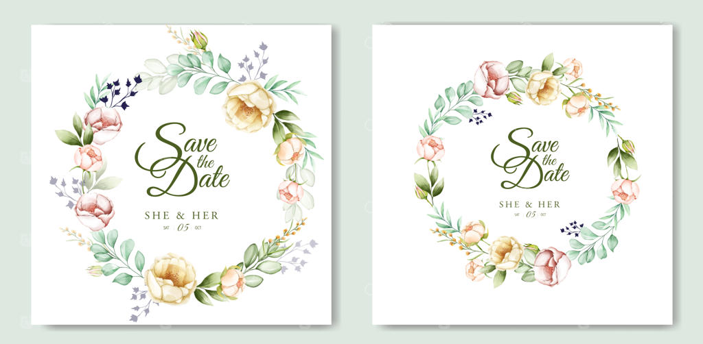 قالب کارت عروسی با طراحی گل‌های آبرنگی زیبا