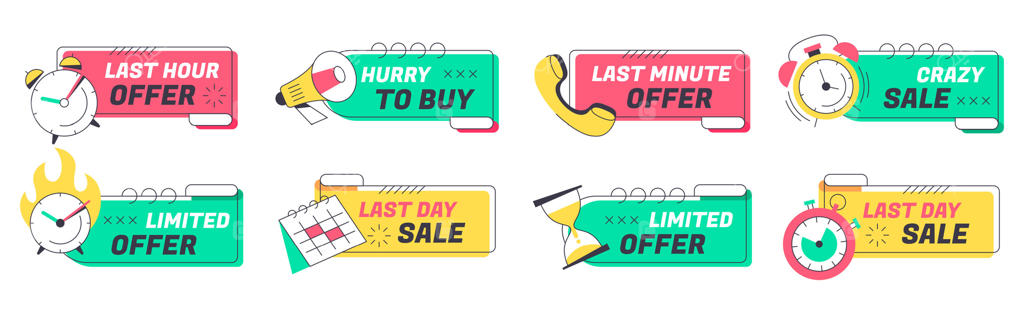 طرح نشان پیشنهاد فرصت آخر با آیکون‌های تقویم، ساعت زنگ‌دار، کرونومتر و بلندگو؛ مجموعه نشان‌های تخفیف ویژه، دکمه‌های پیشنهاد داغ، برچسب‌های فروش محدود، شمارش معکوس و لیبل‌های حراج شگفت‌انگیز