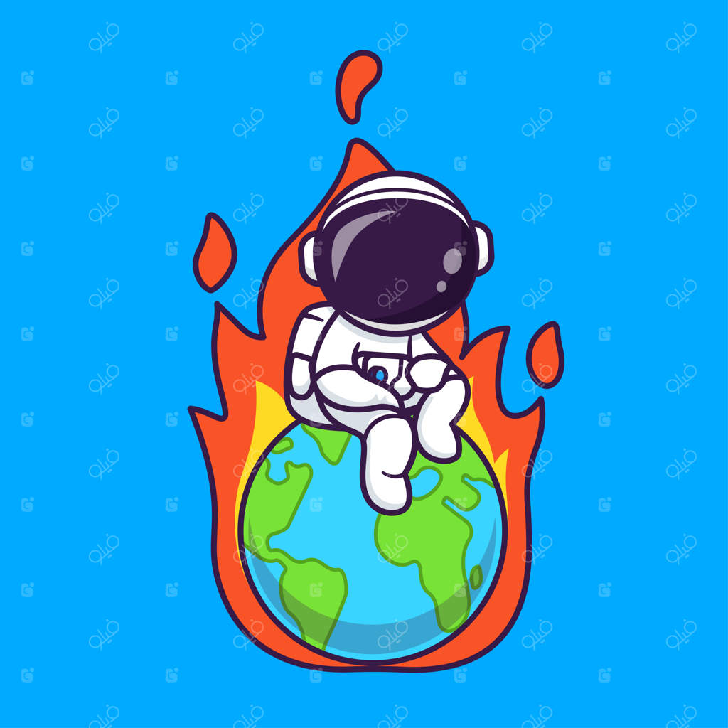 تصویر بامزه فضانورد نشسته روی زمین با آتش - آیکون وکتور کارتونی علمی و فناوری فلت