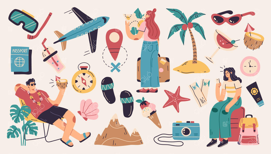 مجموعه‌ای از عناصر طراحی تزئینی برای سفر و گردشگری تعطیلات تابستانی، مهمانی‌های گرمسیری و سواحل