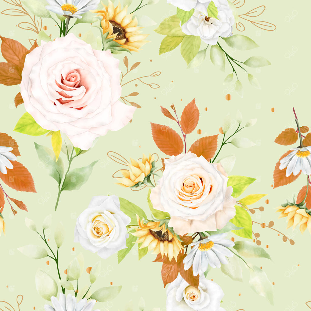 پترن یکپارچه گل‌ها و برگ‌ها با آبرنگ