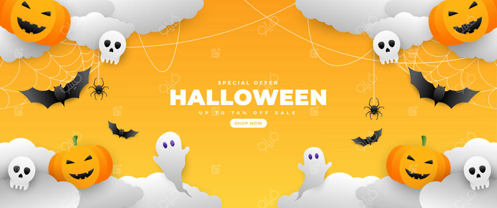 تصویرسازی روز هالووین با عناصر کدوحلوایی، آب‌نبات و ارواح