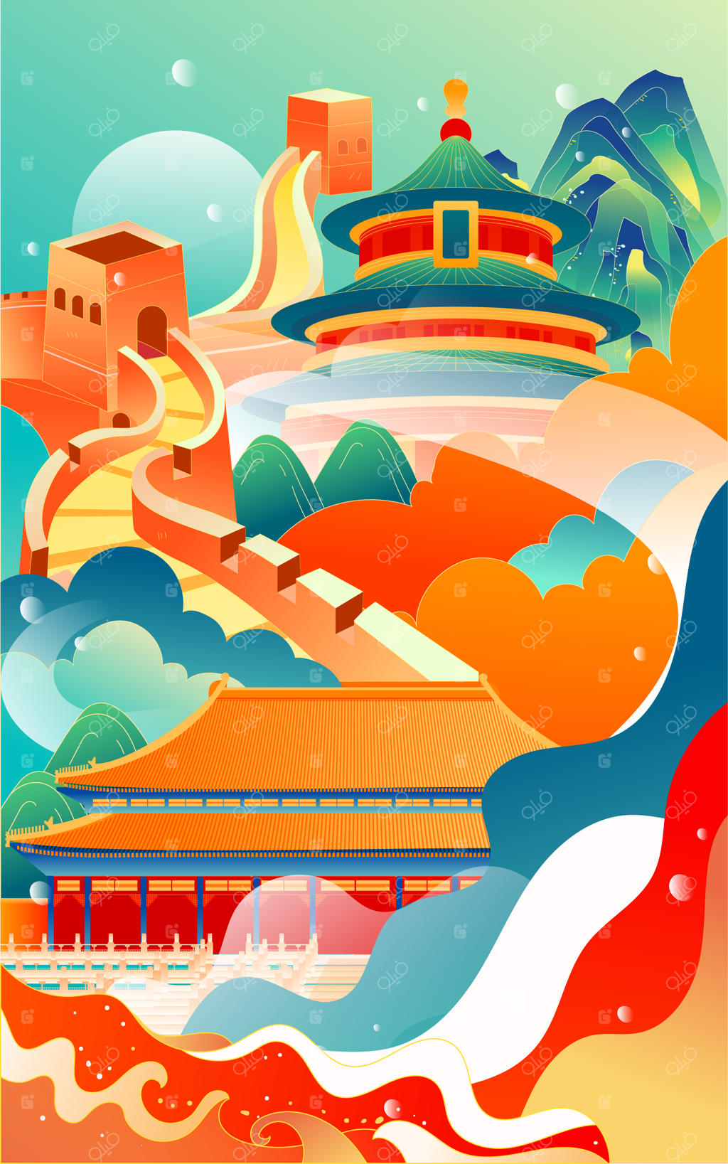 سفر خانوادگی برای جشن تولد در سرزمین مادری با ساختمان‌ها و پرچم‌ها در پس‌زمینه