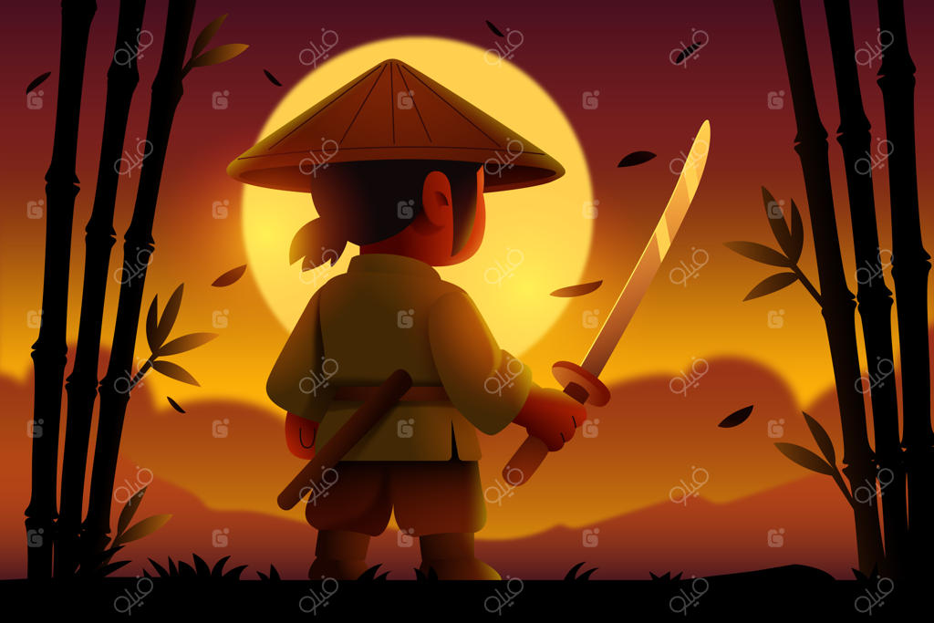 جنگجوی سامورایی در غروب خورشید