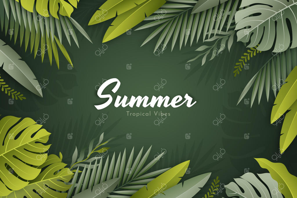 پیش‌زمینه‌ای با برگ‌های استوایی واقعی