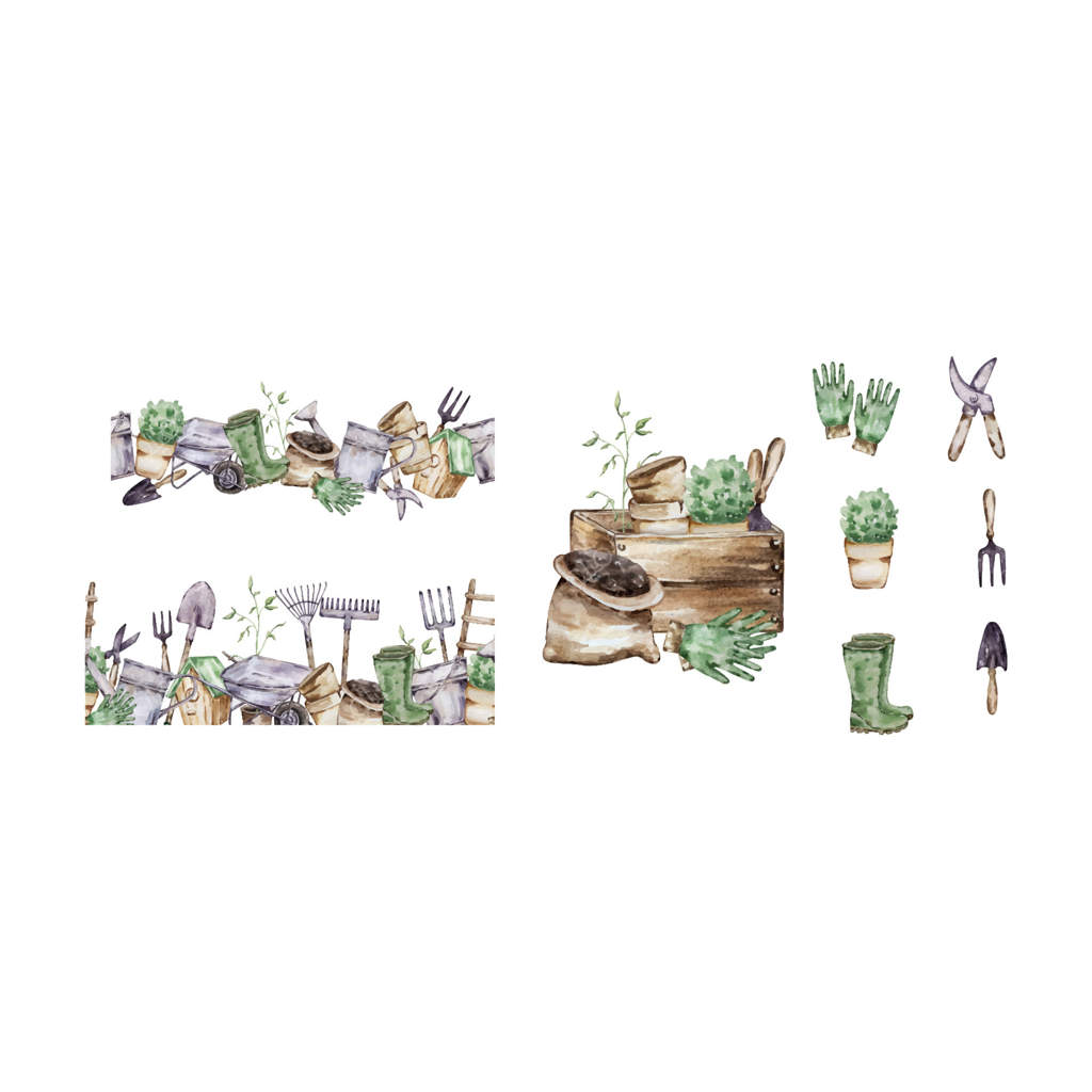 قاب باغ آبرنگی با عناصر ابزار باغبانی