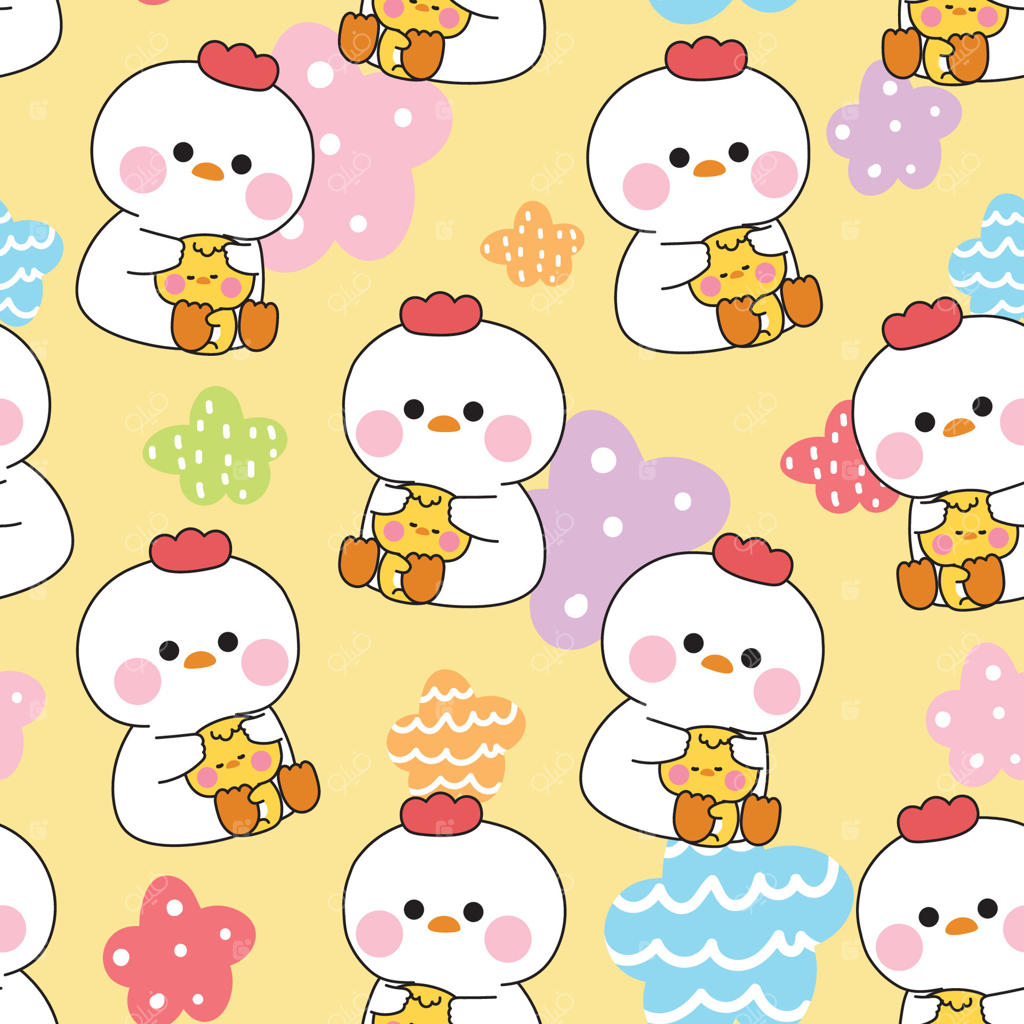 الگوی یکپارچه با عروسک بامزه مرغ و جوجه‌های کوچک در پس‌زمینه‌ای از ستاره‌ها. دوستی و عشق. شخصیت کارتونی حیوانات مزرعه. کاوایی. تصویرسازی.