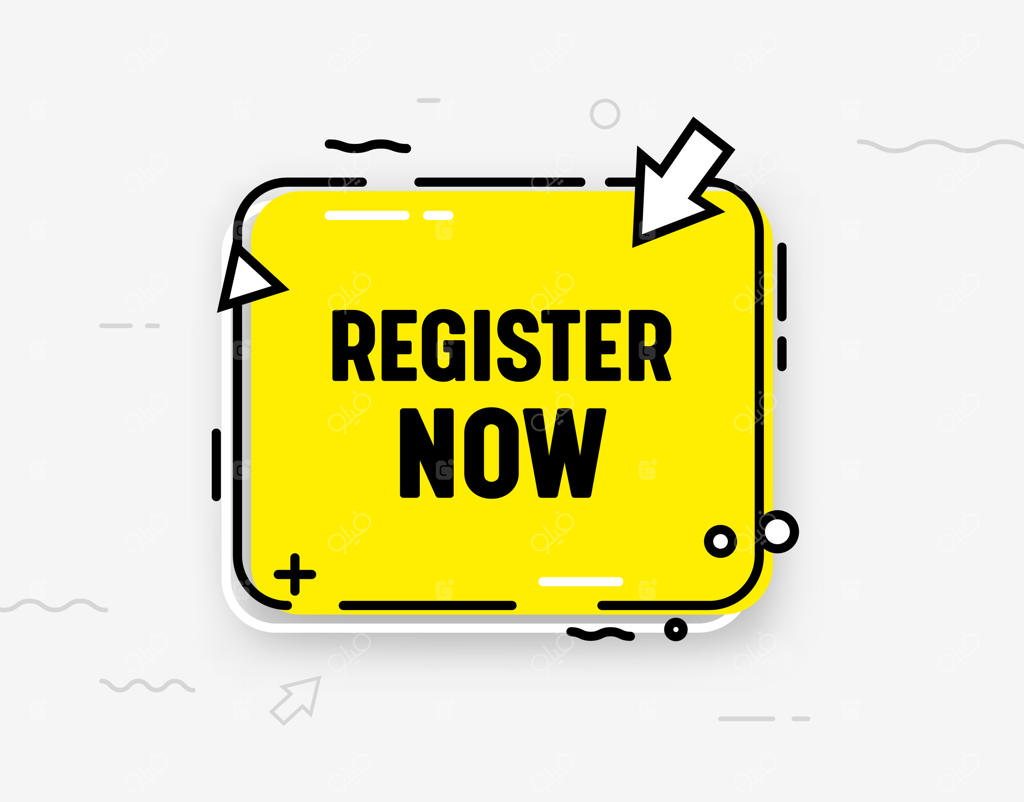 آیکون یا بنر ایزوله «ثبت نام کنید» با سبک ترندی؛ شامل حباب گفتگوی زرد، فلش و عناصر انتزاعی. المان طراحی دکمه ثبت نام برای وب‌سایت، اشتراک و عضویت (وکتور)