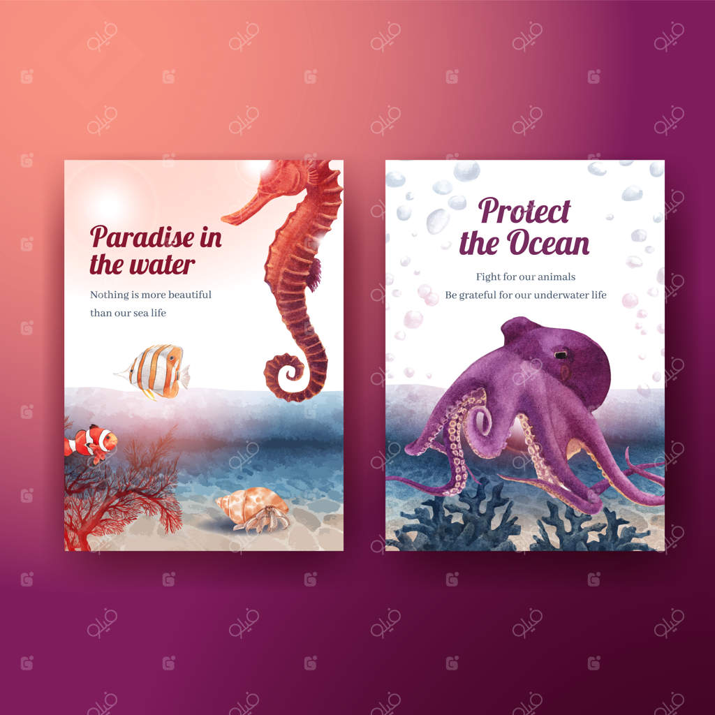 کارت تشکر با طراحی مفهومی حیات دریایی و نقاشی آبرنگی