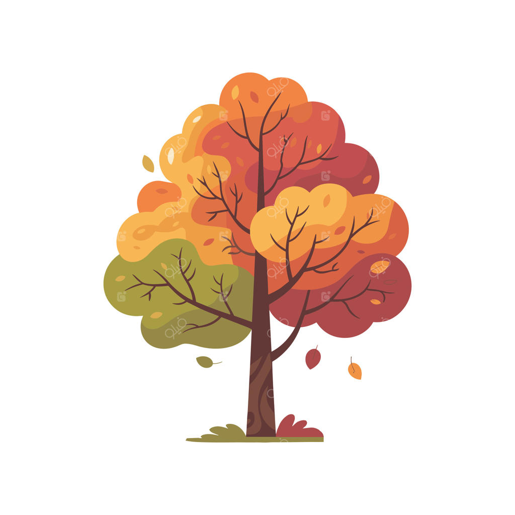 تصویرسازی زیبای درخت پاییزی با برگ‌های رنگارنگ در سایه‌های نارنجی، قرمز و سبز، طراحی طبیعت فصلی برای مفاهیم پاییز.