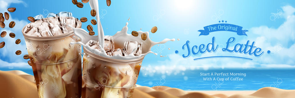 تبلیغاتی برای لاته یخی با ریختن شیر و قهوه