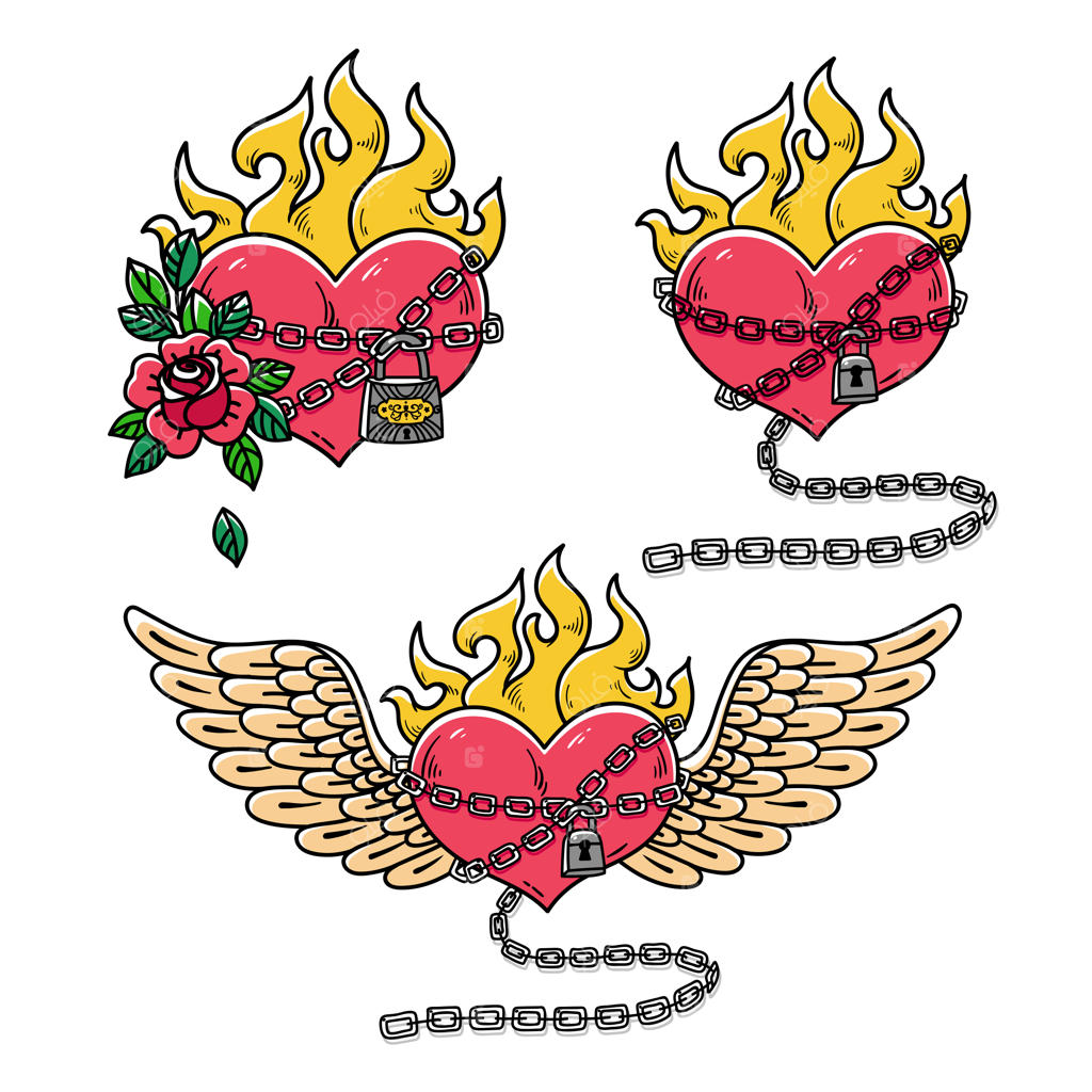 مجموعه قلب‌ها در زنجیر عشق، قلب شعله‌ور و قلب سرخِ آتشینِ بال‌دار به سبک اولد اسکول
