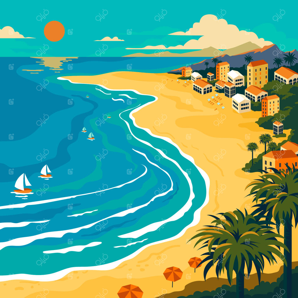 صحنه‌ای از ساحل گرمسیری با قایق‌های بادبانی و درختان نخل