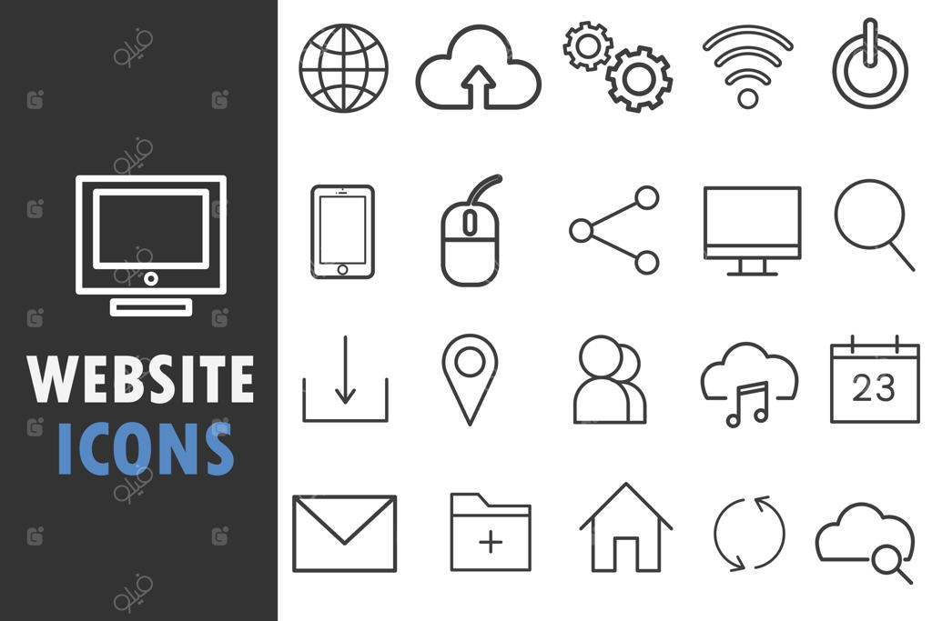 مجموعه آیکون‌های وب‌سایت به سبک خطی (شامل جستجو، پشتیبانی، ایمیل، تماس و اینترنت)