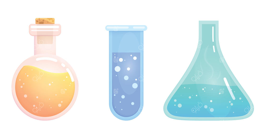 مجموعه‌ای از شیشه‌های معجون جادویی. تصویر کارتونی. شیشه‌های معجون آبی، فیروزه‌ای و زرد