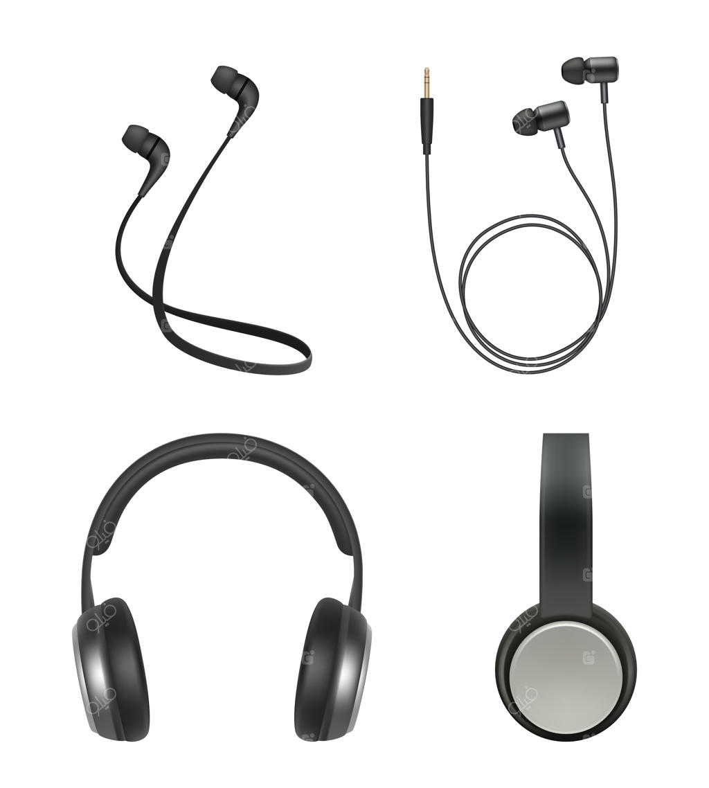 مجموعه وکتور لوازم الکترونیکی: هدفون‌های واقعی و اکسسوری‌های موسیقی