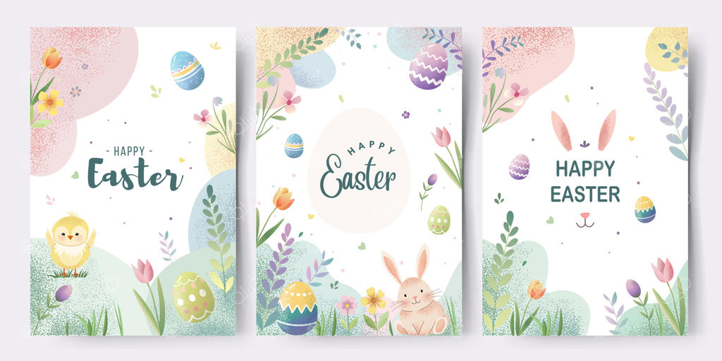 کارت‌های عید پاک با تصاویری از خرگوش، جوجه و لاله‌ها. عید پاک مبارک. مجموعه کارت‌های تبریک برای تعطیلات بهاری. بنر بهاری
