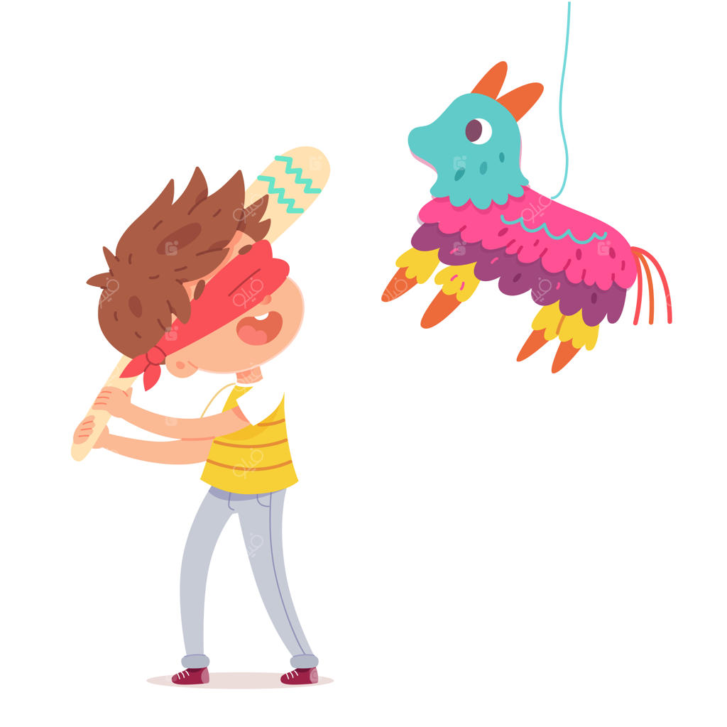 تولدت مبارک بچه‌ای که در جشن با پیناتا خوش می‌گذرونه؛ پسری که در حال شادی و ضربه زدن به اسباب‌بازی شیرین است و در رویدادی روی زمینه سفید جدا شده است.