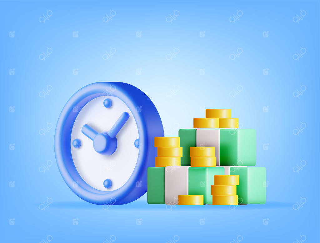 ساعت سه‌بعدی همراه با دلار و سکه‌های طلایی - مفهوم "زمان، پول است" و تصویرسازی درآمد سالانه، سرمایه‌گذاری مالی، پس‌انداز، سپرده بانکی، درآمد آینده و سود پولی به صورت وکتور جداگانه