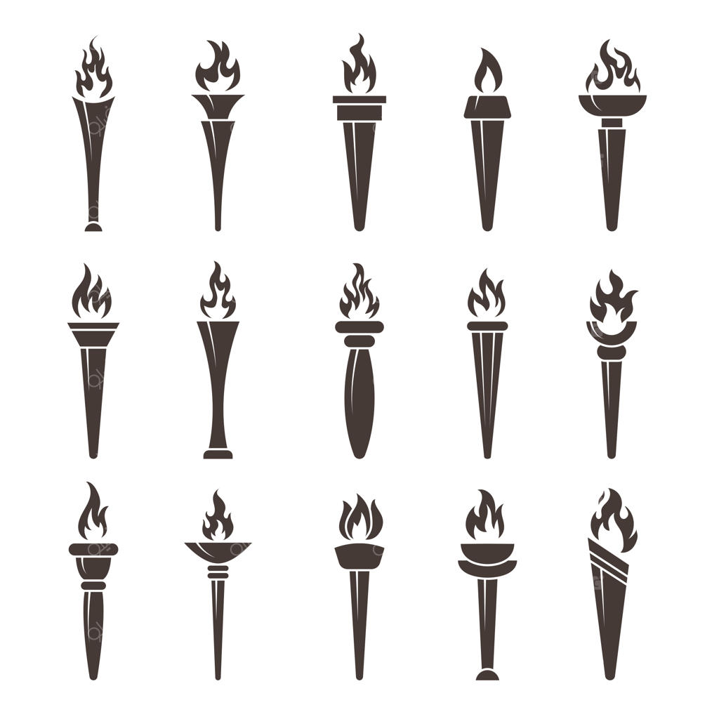 مجموعه جدید نشان‌های وکتور تخت با نمادهای ورزشی مشعل و عناصر گرافیکی شعله‌ور